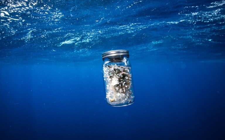 Justin Hofman, Great Pacific Garbage Patch, 2018. Una rete trascinata dietro la nostra barca per 10 minuti ha raccolto la plastica contenuta in questo barattolo