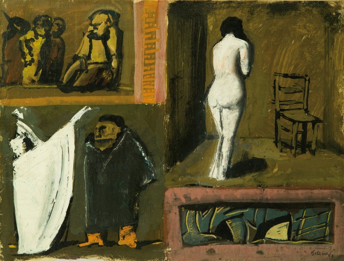 Mario Sironi, Composizione con nudo, 1946 ca., tempera su carta applicata su tela, 28 x 37 cm. Collezione privata
