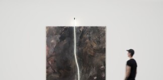 Mary Weatherford, The Flaying of Marsyas—4500 Triphosphor, 2021 _ 2022, Flashe e neon su lino, 236.2 x 200.7 cm