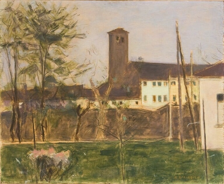 Nino Springolo, Il campanile di Santa Maria Maddalena, 1927, olio su compensato, cm 53,7x64,3. Musei Civici, Treviso