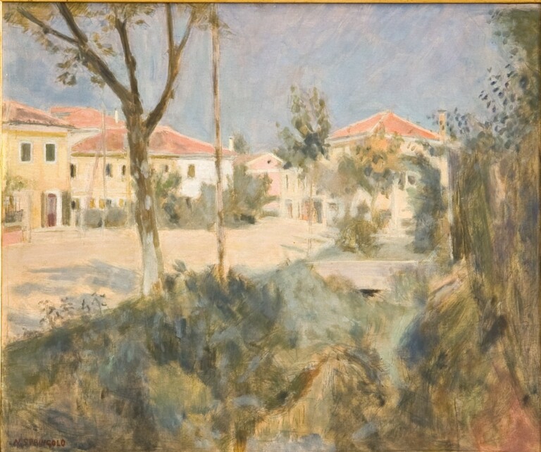 Nino Springolo, Sobborgo al sole, 1950, olio su tavola, cm 55x65. Musei Civici, Treviso