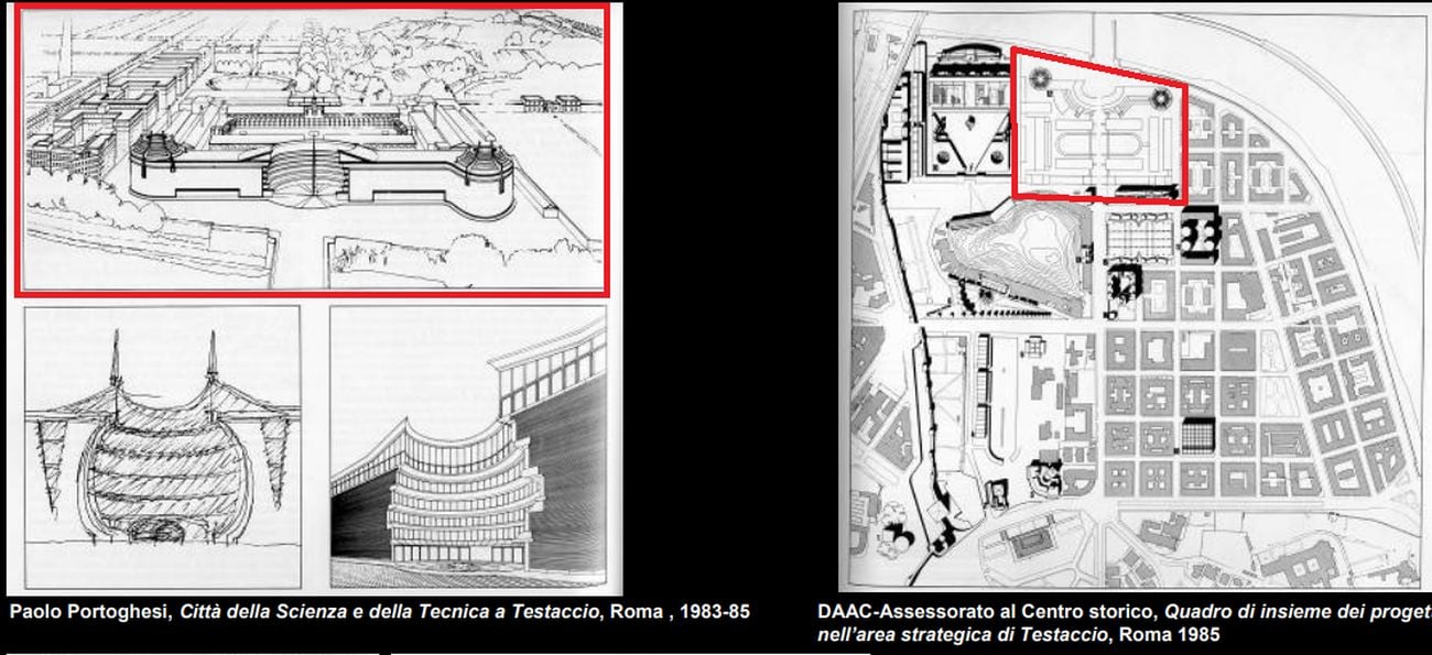 Il progetto di Paolo Portoghesi per la Città della Scienza e della Tecnica all'ex Mattatoio del Testaccio, 1983-85. Immagine tratta dalla tesi di laurea " Luoghi, città, paesaggi, territori. Paesaggi dell’architettura contemporanea Capitali europee: Roma" di Lorenzo Pietropaolo, Politecnico di Bari, 2014