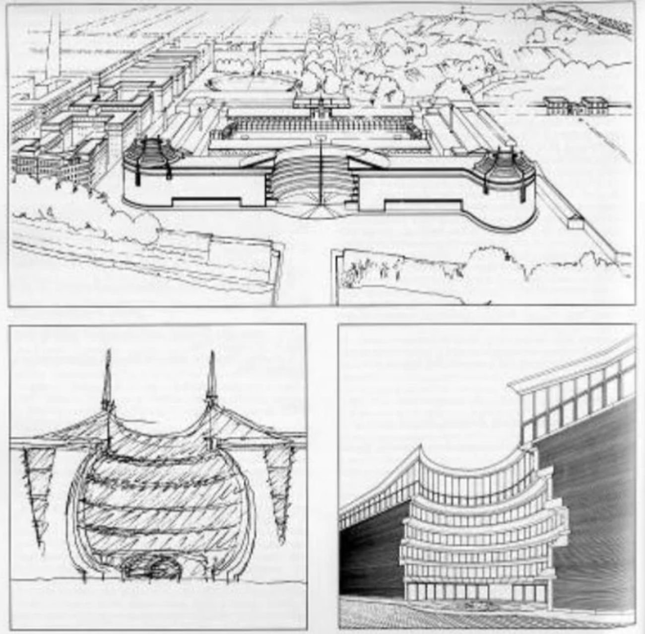 Il progetto di Paolo Portoghesi per la Città della Scienza e della Tecnica all'ex Mattatoio del Testaccio, 1983-85. Immagine tratta dalla tesi di laurea " Luoghi, città, paesaggi, territori. Paesaggi dell’architettura contemporanea Capitali europee: Roma" di Lorenzo Pietropaolo, Politecnico di Bari, 2014