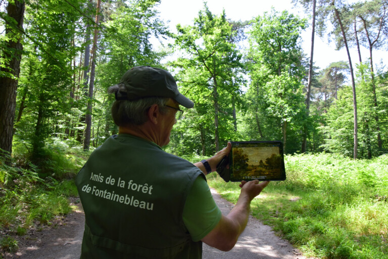 Una guida mostra la riproduzione di un'opera nel luogo dove fu dipinta, Foresta di Fontainebleau presso Barbizon, Francia. Photo © Dario Bragaglia