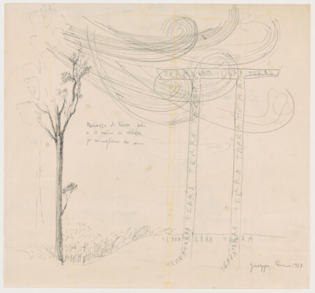 Balcony of Soil at 10 Meters to Collect Seeds (Terrazzo di terra posto a 10 metri per raccogliere dei semi)," 1967, by Giuseppe Penone. India ink on paper, 15 3/4 x 17 7/16 inches (40 x 44.2 cm). Gift of the artist in honor of Dina Carrara, 2019. Image courtesy Philadelphia Museum of Art, 2020.