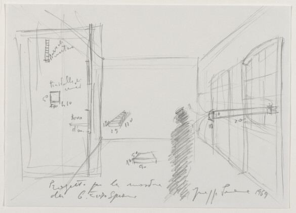 "Project for an Exhibition at Gian Enzo’s Sperone (Progetto per la mostra da G. Enzo Sperone)," 1969, by Giuseppe Penone. Pencil on paper, 8 5/16 x 11 3/4 inches (21 x 29.8 cm). Gift of the artist in honor of Dina Carrara, 2019. Image courtesy Philadelphia Museum of Art, 2020.