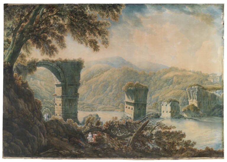 Abraham-Louis-Rodolphe Ducros, Il ponte di Augusto a Narni, 1780-85, acquerello su carta marouflée, 600 × 1135 mm. Roma, Galleria W. Apolloni