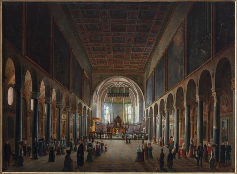 Antonio Bini (?), L’interno della chiesa di San Pietro a Perugia, 1820-1821, olio su tela, 70 × 100 cm. Foligno, Galleria Bompadre