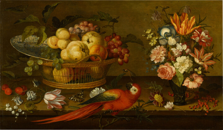 Balthasar van der Ast, Still life with a basket of fruit and a Wanli Kraak porcelain dish, a vase of flowers, a parrot, a lizard and insects on a ledge, est. 200,000 300,000