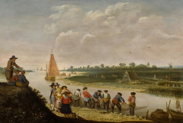 Barent Avercamp, Fishermen hauling in a net watched by two gentlemen, milkmaids and peasants on a knoll