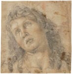 Luca Signorelli, Head of Saint John the Baptist, c. 1483-84. Black and white chalk, traces of red chalk on paper. Pricked for transfer. Nationalmuseum.