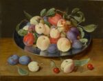 Jacob van Hulsdonck, Plums and peaches on a pewter plate with plums, a peach and cherries on a table