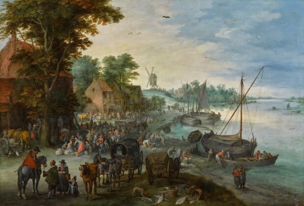 Jan Brueghel the Elder, A wooded river landscape, with a fish market and fishing boats