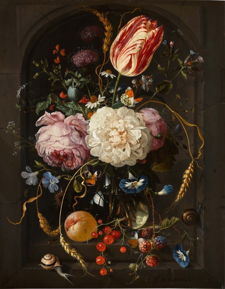 Jan Davidsz. de HeemA still life of flowers in a glass vase in a stone niche