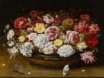 Osias Beert The Elder, Still life of roses in a lacquer and canework oriental bowl with a butterfly and dragonfly