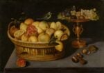 Peter Binoit, Still life of lemons and pomegranates in a basket with a blue tit and a dragonfly