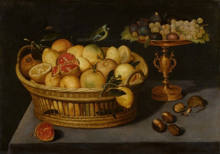 Peter Binoit, Still life of lemons and pomegranates in a basket with a blue tit and a dragonfly