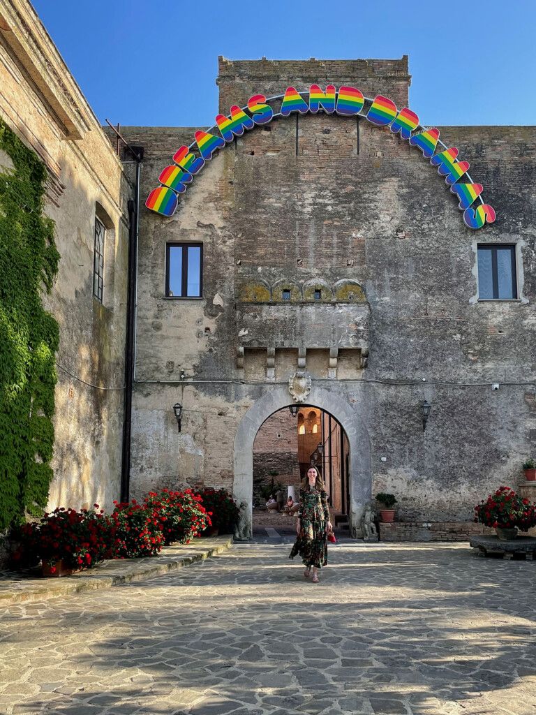 Aloisia Leopardi in front of Ugo Rondinone, Dreams and Dramas, 2021. Courtesy Aloisia Leoaprdi and Castello San Basilio