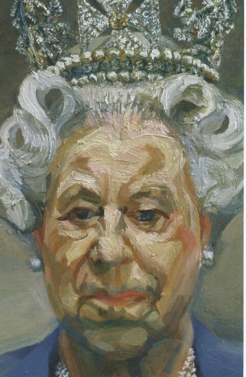 Portrait of HM Queen Elizabeth II Wearing The George IV Diamond Diadem. Painting by Lucian Freud, 2000 01. Part of The Royal Collection.