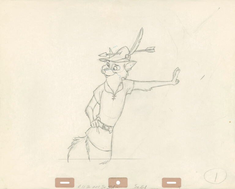 Robin Hood, 1973 Milt Kahl Disegno definitivo per l’animazione Grafite e matita colorata su carta © Disney