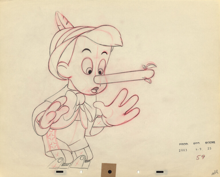 Pinocchio, 1940 Ollie Johnston Disegno definitivo per l’animazione Grafite e matita colorata su carta © Disney