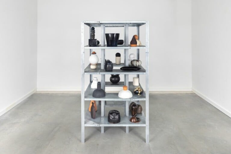 Margherita Raso, Hoarders, 2022, metal shelf, 30 ceramic urns, 78 3/4 x 45 1/8 x 45 1/8 in (200 x 114.5 x 114.5 cm). Photo by Tommaso Sacconi. Courtesy Magazzino Italian Art, Cold Spring, NY