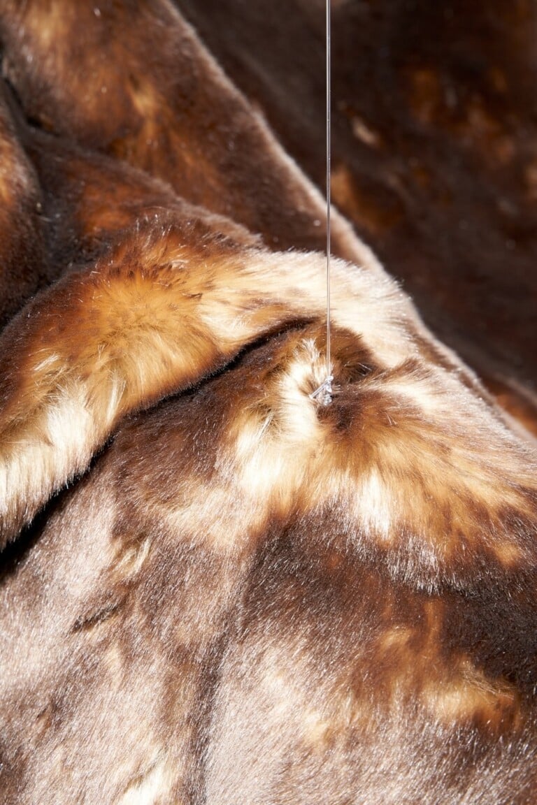 Enej Gala, Wheelbarrow, 2022. Fake fur, wood, fishing line, 170 x 260 x 90 cm (variable dimensions). Photo Clelia Cadamuro