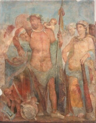 Ercole e Onfale, Pompei, IX, 3, 5, Casa di Marco Lucrezio, triclinio 16, parete est, sezione centrale, dipinto, I secolo d.C. – IV stile, affresco, 195 x 155 cm, MANN, inv. 8992