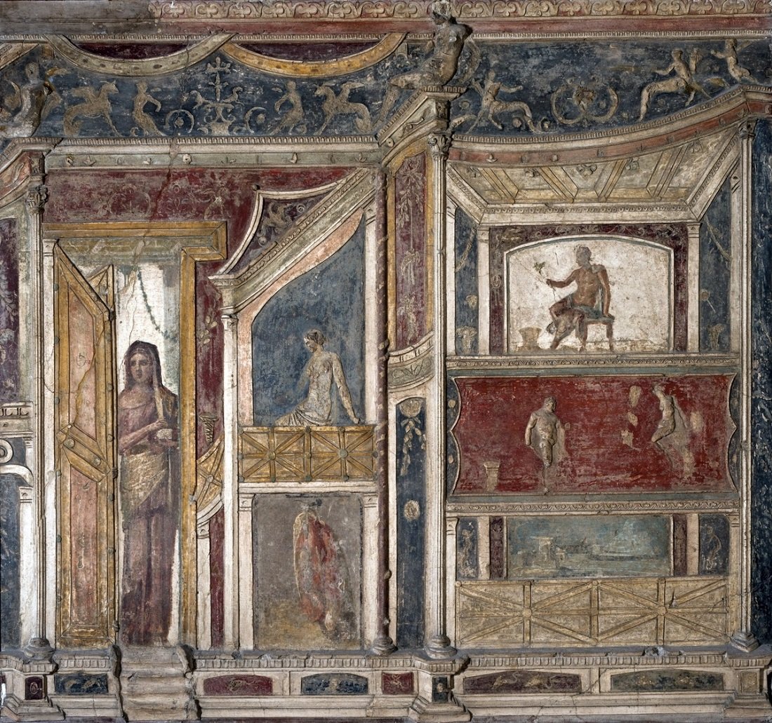 Figura femminile, Pompei, VI, 9, 2 13, Casa di Meleagro, tablino (8), parete est, registro superiore, I secolo d.C. – IV stile, stucco, affresco, 178 x 188 cm. MANN, inv. 9595