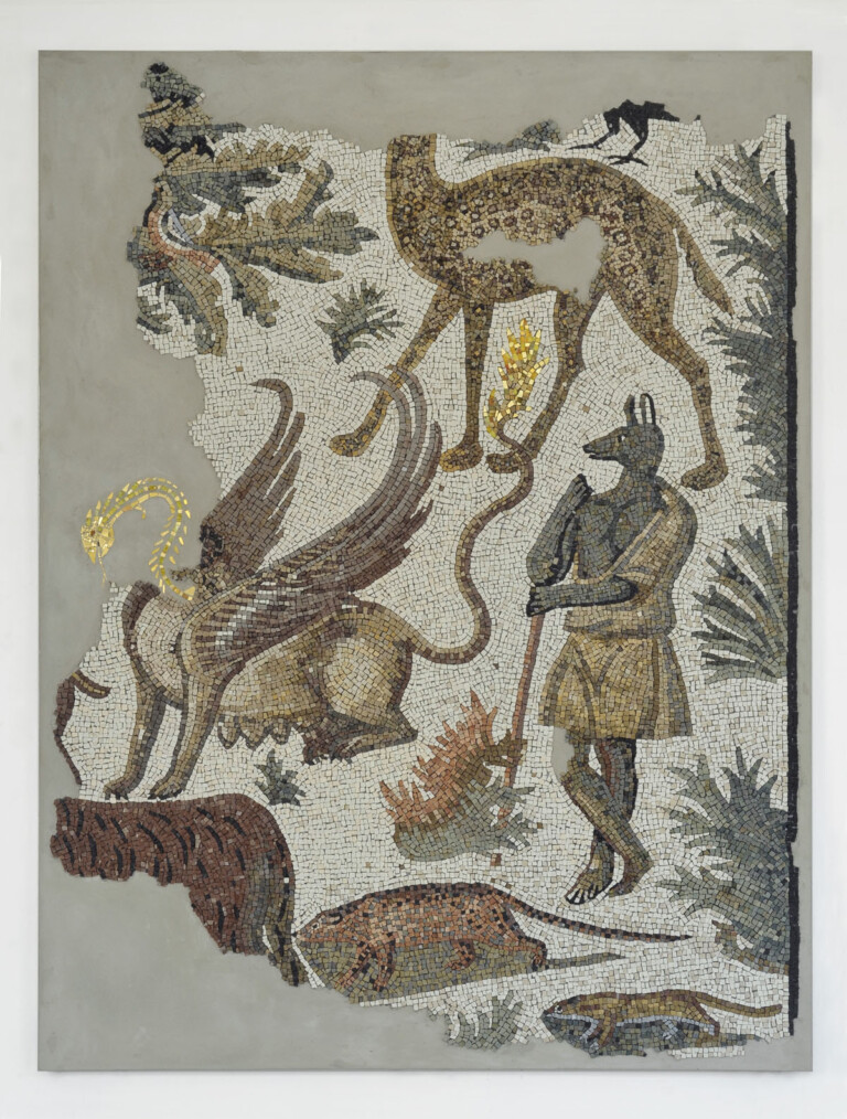 Francesco Cavaliere – Leonardo Pivi, 30 mila Anubis Serpent Swan, 2019, mosaico, 178 x 236 x 4 cm, courtesy Gluck50 e artisti