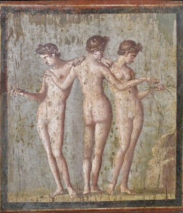 Le Tre Grazie, Pompei, VI, 17, 31 o 36 Insula Occidentalis, Masseria di Cuomo – Irace, I secolo d.C. – IV stile, affresco, 57 x 53 cm. MANN, inv. 9231