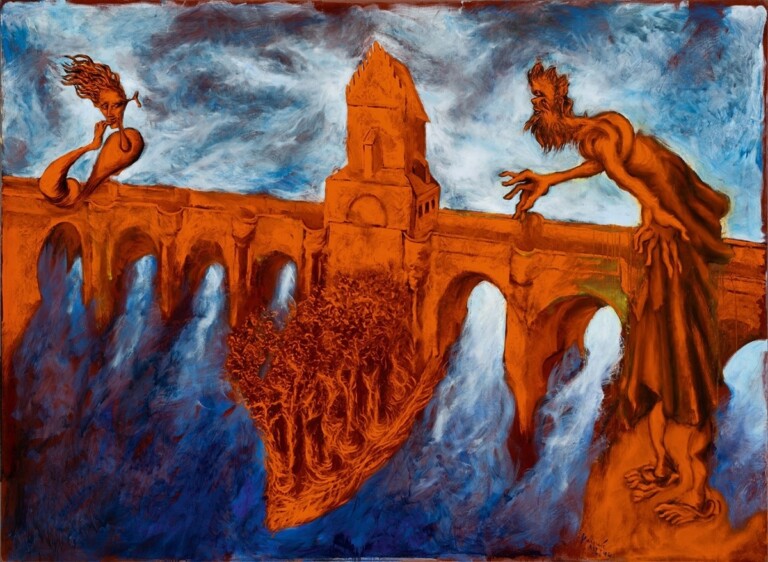 Gérard Garouste, Alt-Neu Shul on the Pont-Neuf, 2020, Oil on canvas, 160 × 220 cm, Collection Daniel Templon. © Adagp, Paris, 2022. Courtesy Templon, Paris-Brussels-New York. Photo Bertrand Huet-Tutti
