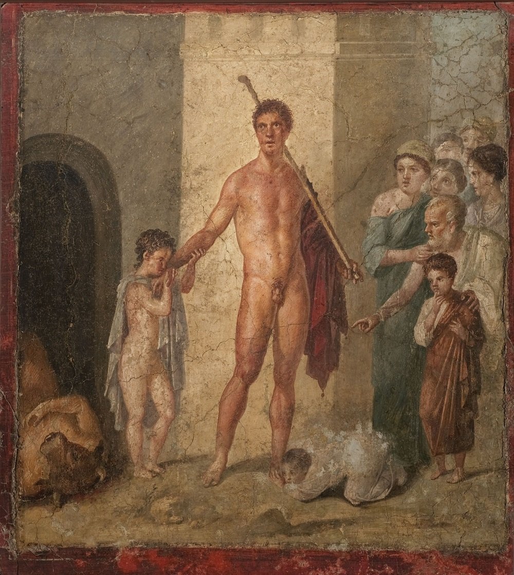 Teseo e il Minotauro, Pompeii, VII, 2, 16 17, Casa di Gavio Rufo, exedra (o), parete est, tratto centrale, quadro, I secolo d.C. – III stile, affresco, 97 x 88 cm, MANN, Inv. 9043