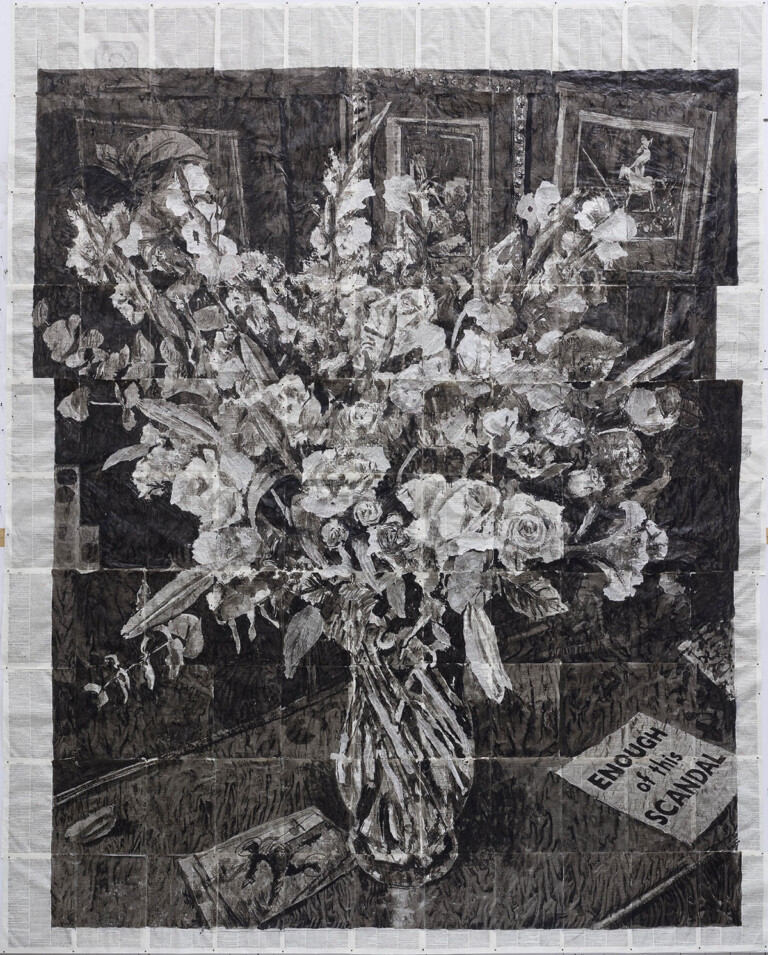 William Kentridge, Enough of This Scandal, 2020. Indian ink on encyclopedia pages, 277 x 222 cm. The Cross Steele Family Collection © William Kentridge