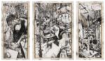 William Kentridge, The Conservationists' Ball, 1985. Charcoal, coloured pastel and gouache on paper (triptych). 198.5 x 97.5 cm (left), 198.5 x 138.5 cm (centre), 198.5 x 97.5 cm (right). Rembrandt van Rijn Art Foundation collection. Rupert Museum, Stellenbosch, South Africa © William Kentridge