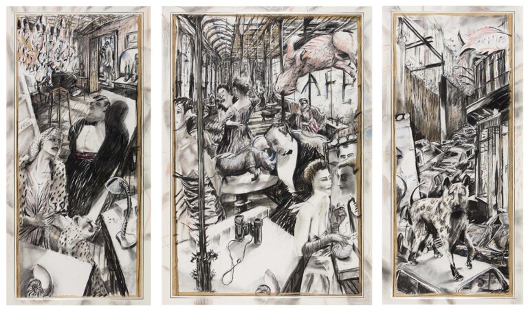 William Kentridge, The Conservationists' Ball, 1985. Charcoal, coloured pastel and gouache on paper (triptych). 198.5 x 97.5 cm (left), 198.5 x 138.5 cm (centre), 198.5 x 97.5 cm (right). Rembrandt van Rijn Art Foundation collection. Rupert Museum, Stellenbosch, South Africa © William Kentridge