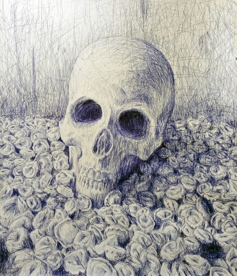 Antonio Riello, Tortellino Vanitas, biro blu su carta, 120x100 cm, 2021