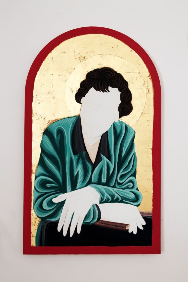 Filippo Riniolo, Hannah Arendt, Tempera all'Uovo + Foglia d'Oro, 100x60cm, 2022, Courtesy of Traffic Gallery