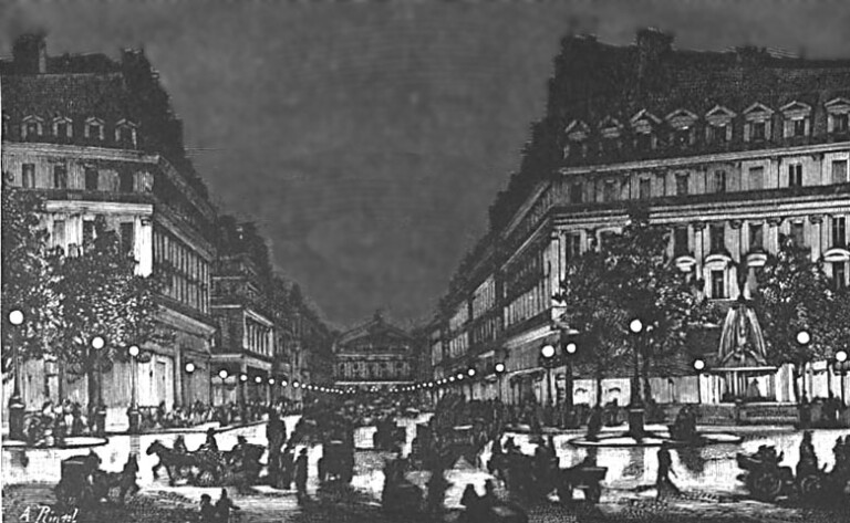 Illuminazione elettrica in Avenue de l'Opéra, Parigi, 1878. Photo A. Rintel