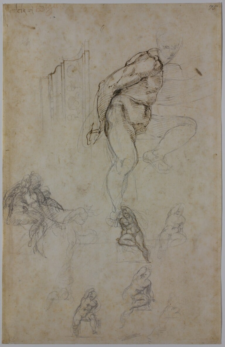 Michelangelo Buonarroti, Studi di nudi e di un cornicione per la Volta Sistina, 1508 circa, matita nera, carboncino nero, penna, 414 × 271 mm, Firenze, Casa Buonarotti, inv. 75 F, © Associazione MetaMorfosi, Roma. Ph. Massimo Menghini