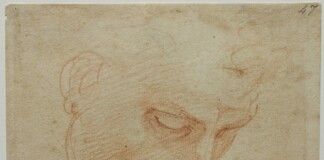 Michelangelo Buonarroti, Studio di testa per il “Diluvio” per la Volta Sistina, 1509-1510 circa matita rossa, 125 × 142 mm, Firenze, Casa Buonarroti, inv. 47 F © Associazione MetaMorfosi, Roma. Ph. Massimo Menghini