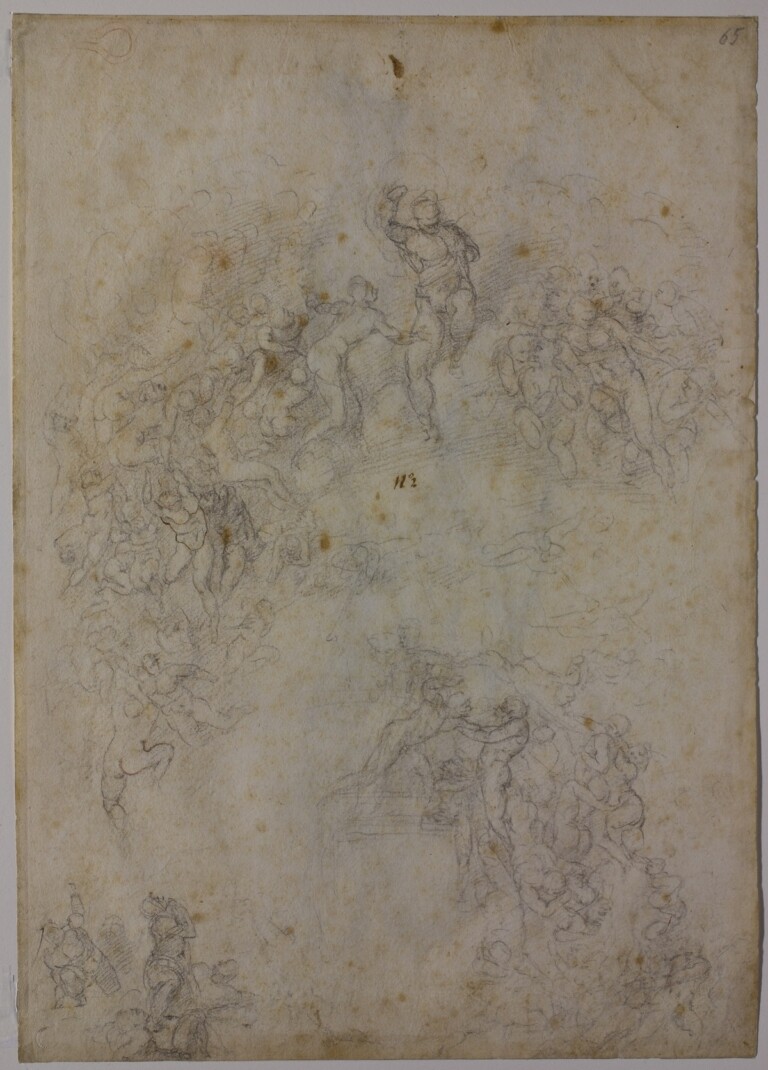 Michelangelo Buonarroti, Studio d’insieme per il “Giudizio finale”, 1533-1534 circa, carboncino nero, matita rossa, 415 × 298 mm, Firenze, Casa Buonarroti, inv. 65 F, © Associazione MetaMorfosi, Roma. Ph. Massimo Menghini