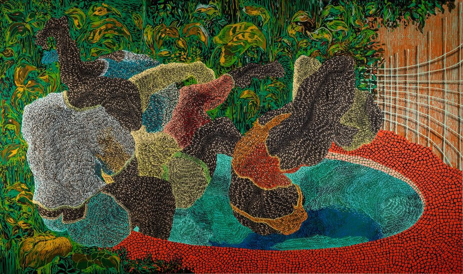 Mosaic Pool, Miami, 2021 Acrylic, collage, ink, wood carving on panel, 68 x 104 inches, Collection of Reginald and Aliya Browne