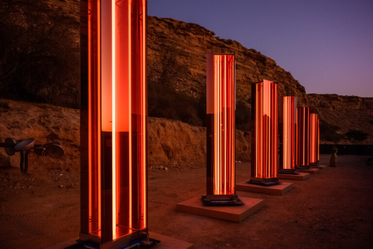 Installation of artwork Light Horizon by artist Sabine Marcelis in Wadi Namar in Riyadh, Kingdom of Saudi Arabia, on October 23, 2022 as part of the Noor Riyadh Festival 2022. Photo by Ammar Abd Rabbo/ABACAPRESS.COM