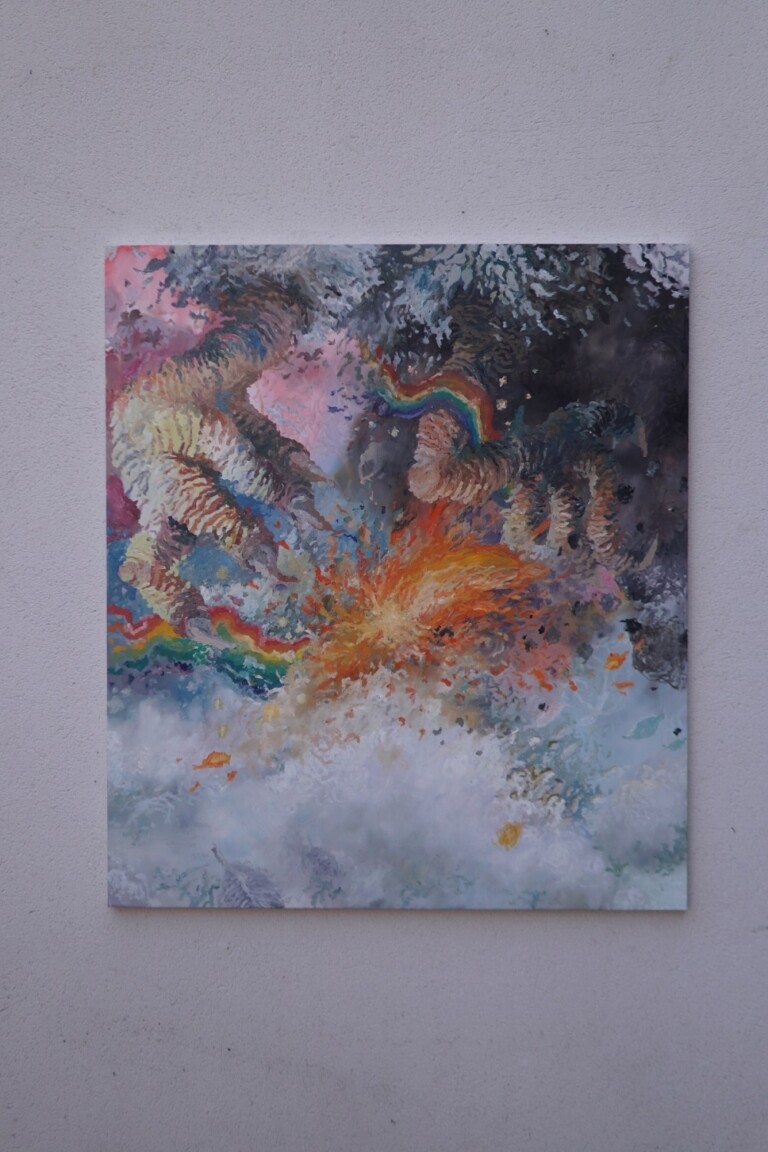 Aronne Pleuteri, un maniaco ha dato fuoco al cielo, 2022, olio su tela, 140 x 160 x 3,5 cm