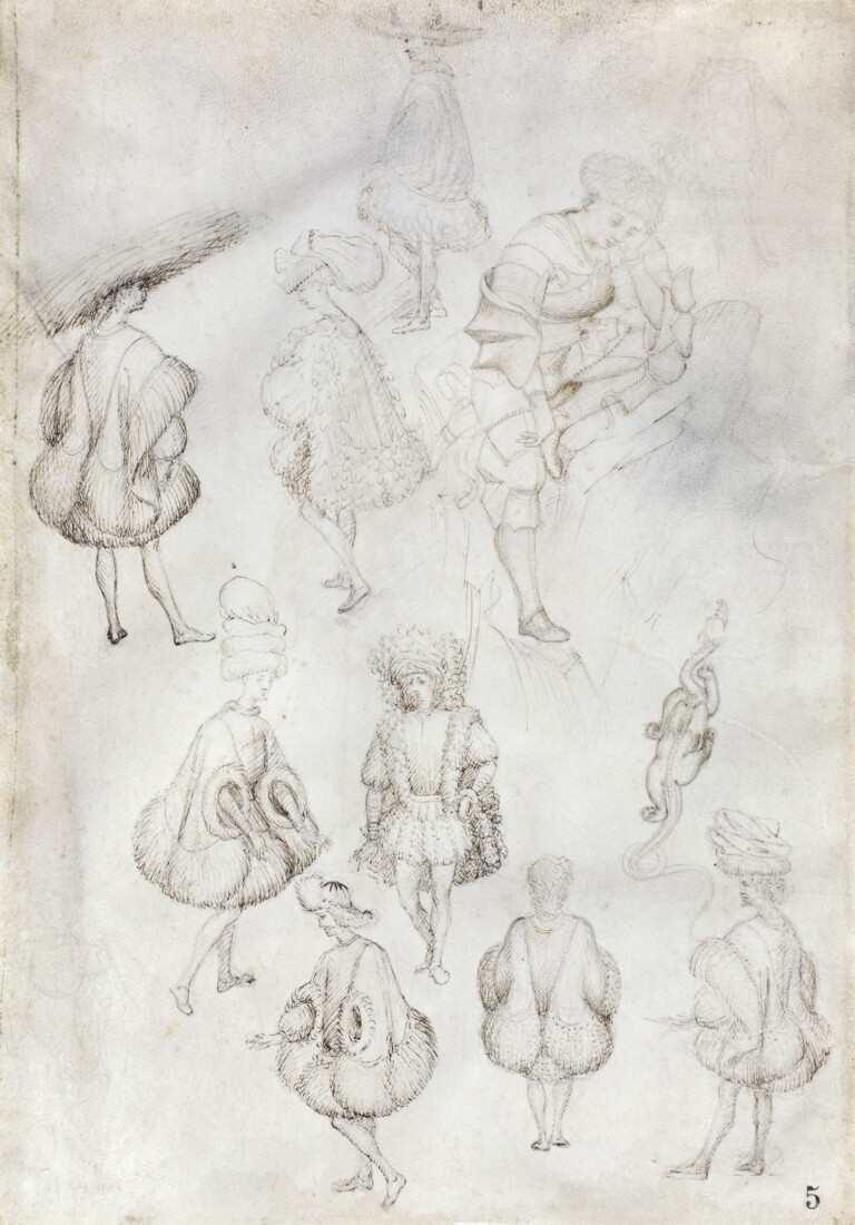 Bottega di Pisanello, Studi di figure in abiti contemporanei, un cavaliere seduto su una roccia, un drago, 1433 circa, punta metallica e penna su pergamena, 194 x 175 mm, Milano, Biblioteca Ambrosiana © Veneranda Biblioteca Ambrosiana/Mondadori, Portfolio/M.Ranzani