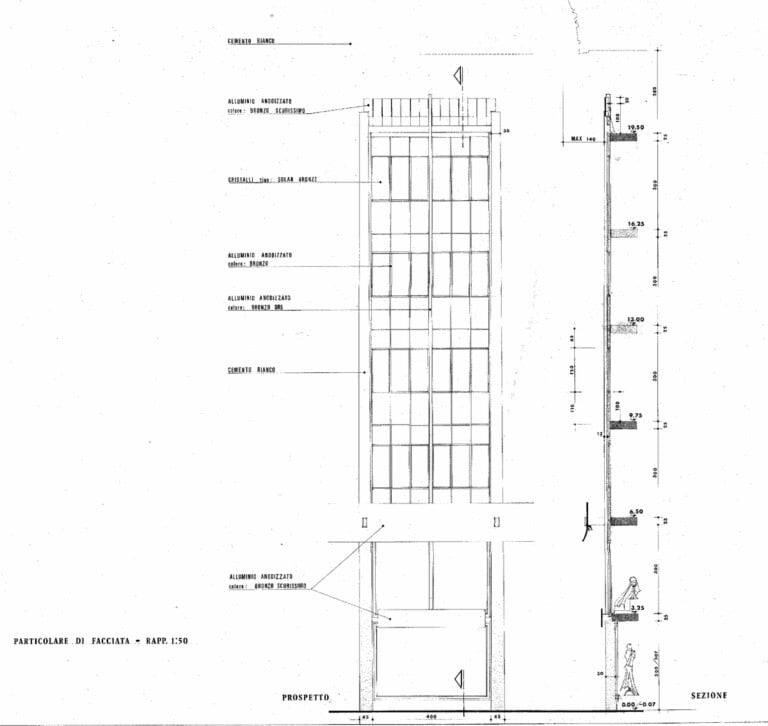 Complesso per uffici a piazzale Flaminio, sezione con i particolari costruttivi, Licenza n.1029 del 14 luglio1972. (Archivio Zacutti)