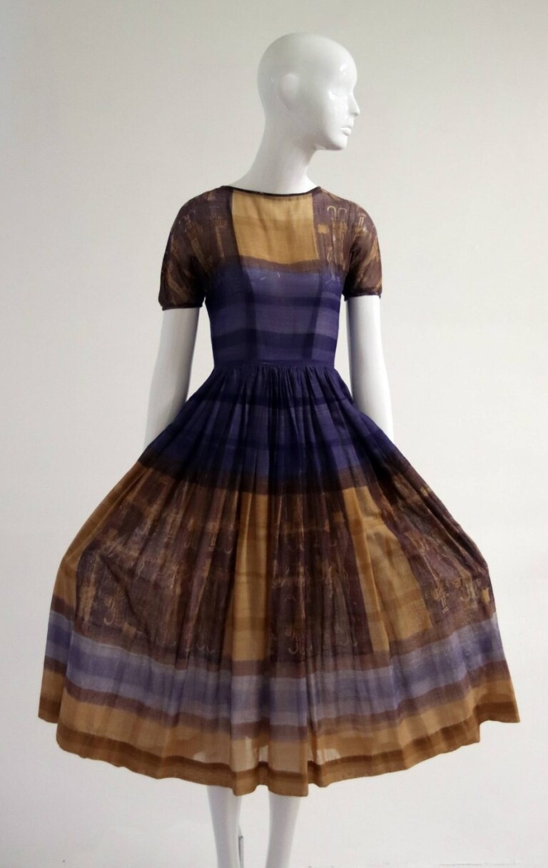 Lloyd “Kiva” New (1916-2002, Cherokee) for Kiva dress, 1950s, screen printed cotton. Photo courtesy of Robert Black