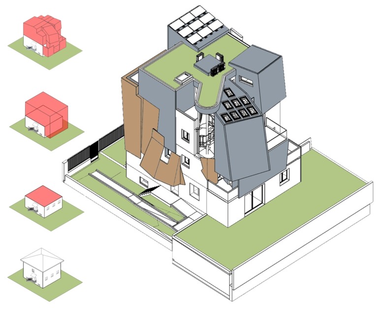 ROCCATELIER ASSOCIATI – Laura Rocca, Villa Dianthus – Ristrutturazione ed ampliamento di un villino a Milano (MI), 2022 assonometria e schema aggregativo