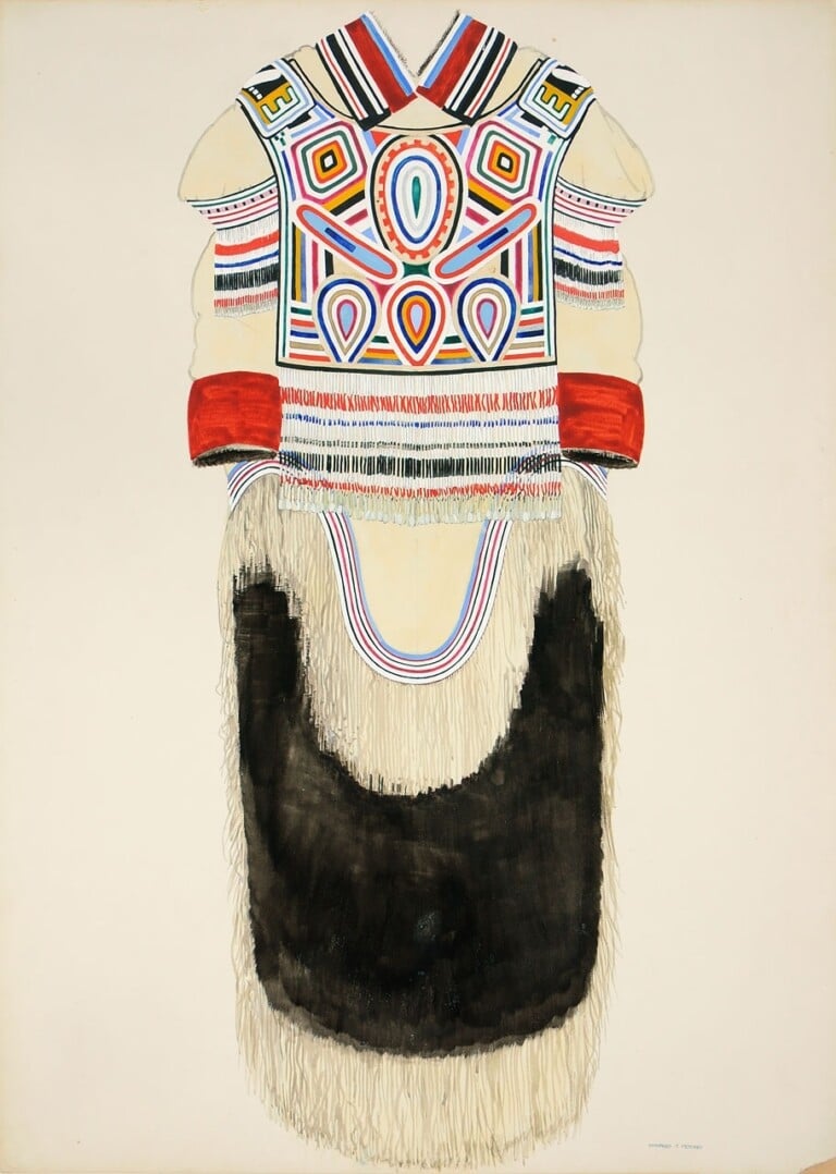 Winifred Petchey Marsh, Padlirmiut Woman’s Atigi or Inner Coat (Front View), 1933–34, watercolour on paper, Prince of Wales Northern Heritage Centre, Yellowknife, Northwest Territories, Gift of the National Chapter of the Imperial Order Daughters of the Empire, 1977, © Estate of Winifred Petchey Marsh (*Note: this drawing depicts the Attatsiaq parka panel to the left)